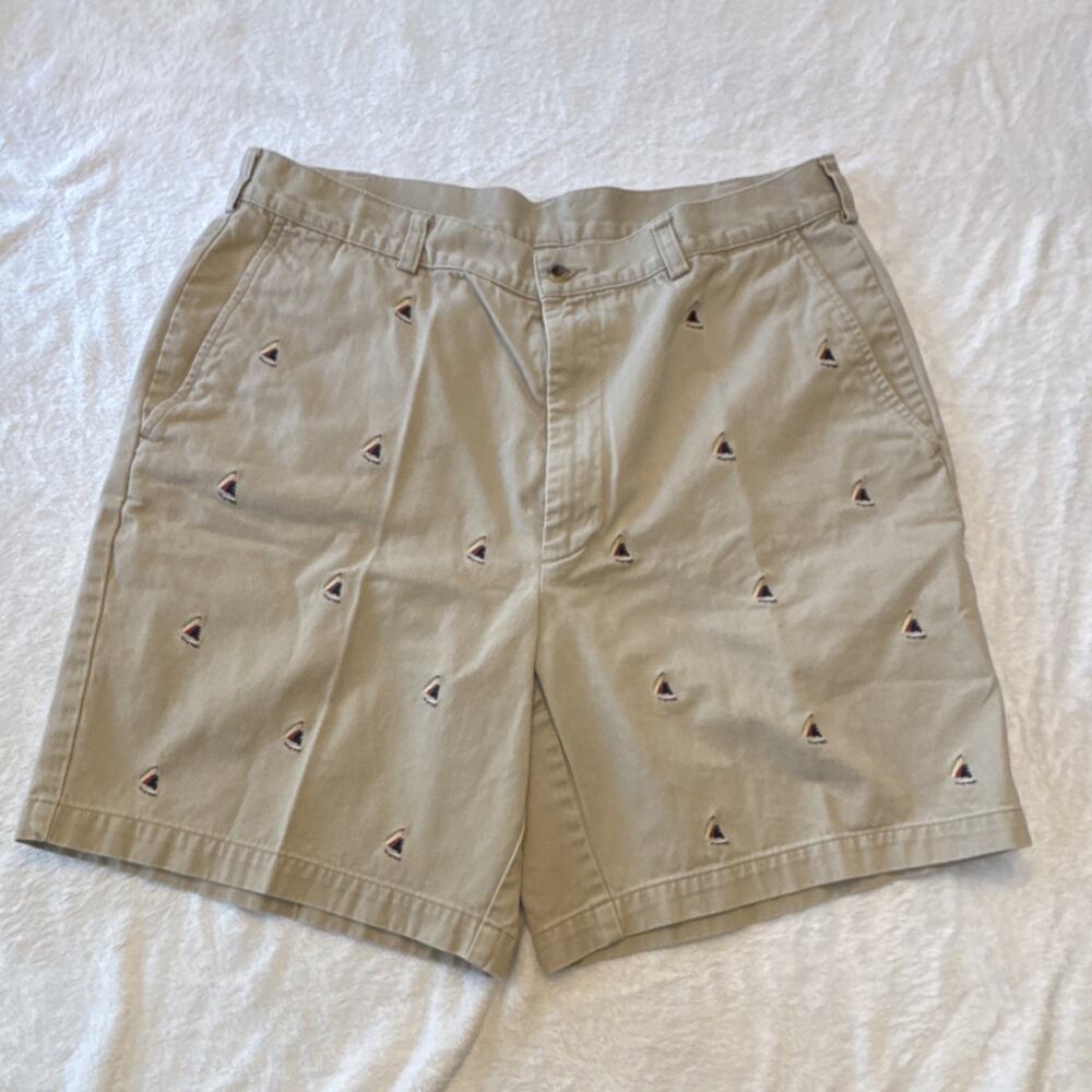 Jos. A. Bank 36 Beige Chino Shorts Embroidered Nautical Cotton Flat Front